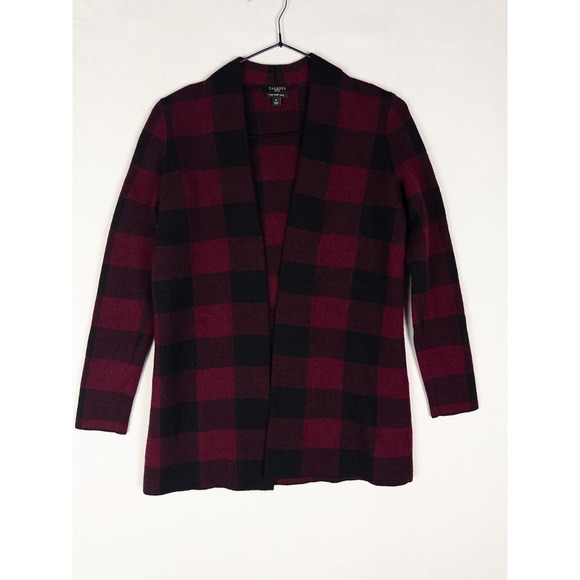 Talbots Sweaters - Talbots Merino Wool Cardigan Womens P Black Red Tartan‎ Open Front Casual Knit